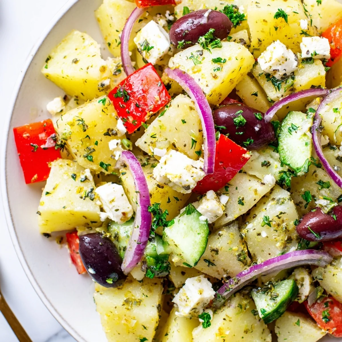 Creamy Greek potato salad tossed with cucumber, bell pepper, Kalamata olives, and zesty herb dressing