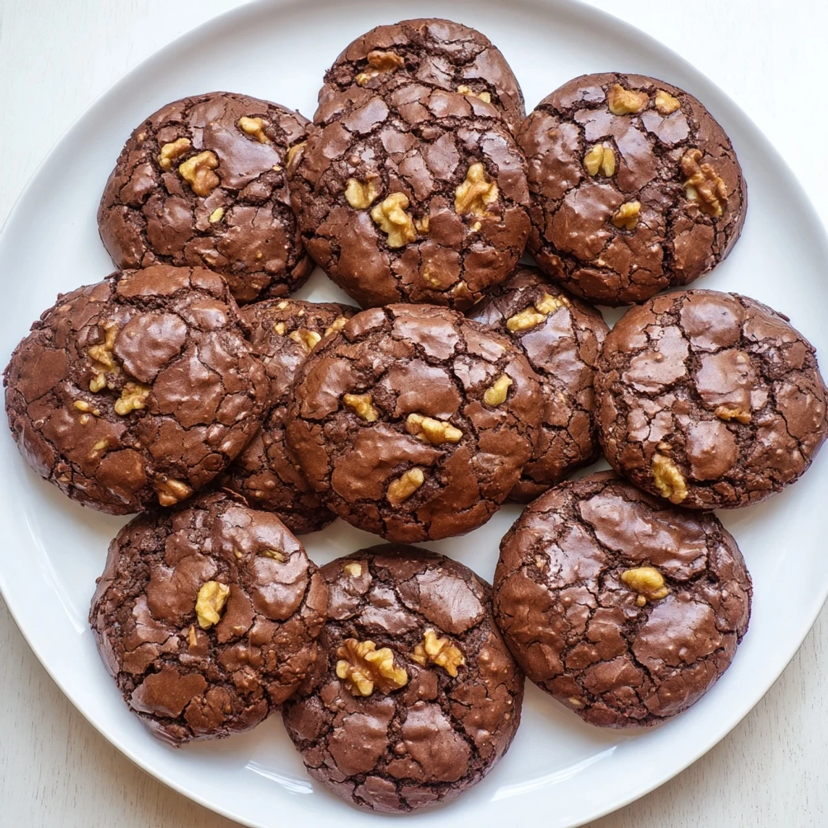 Rich fudgy sourdough brownie cookies with glossy crackly tops and melted chocolate chips