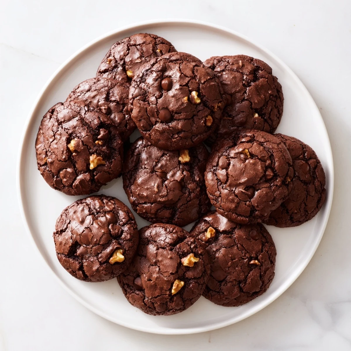 Batch of freshly baked sourdough brownie cookies cooling on wire rack with soft centers
