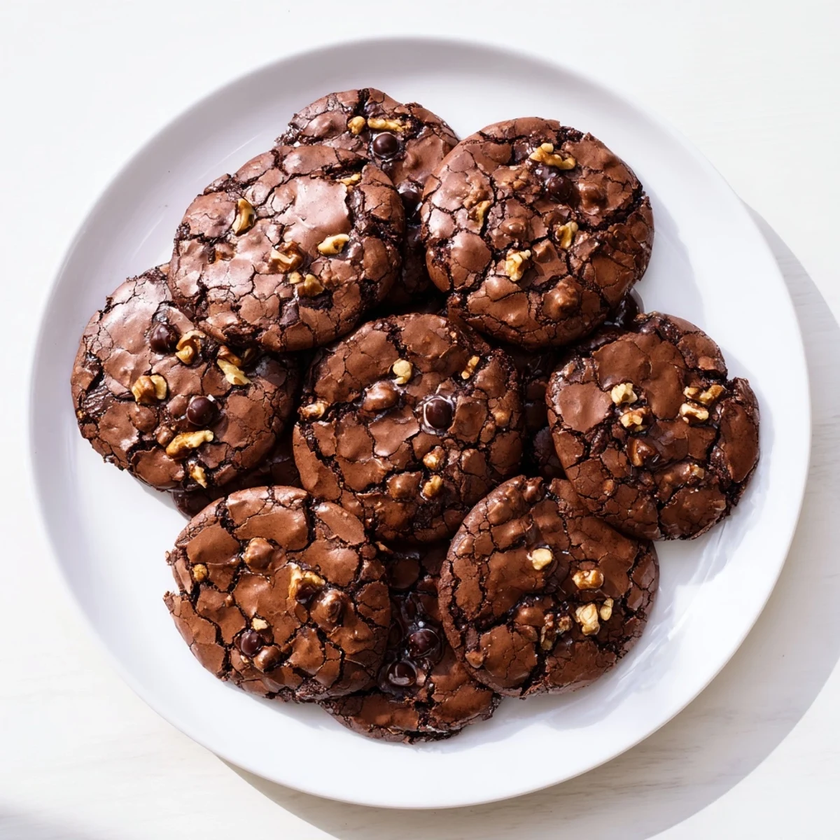 Close-up of chocolatey sourdough brownie cookies displaying shiny cracked surface and fudgy texture
