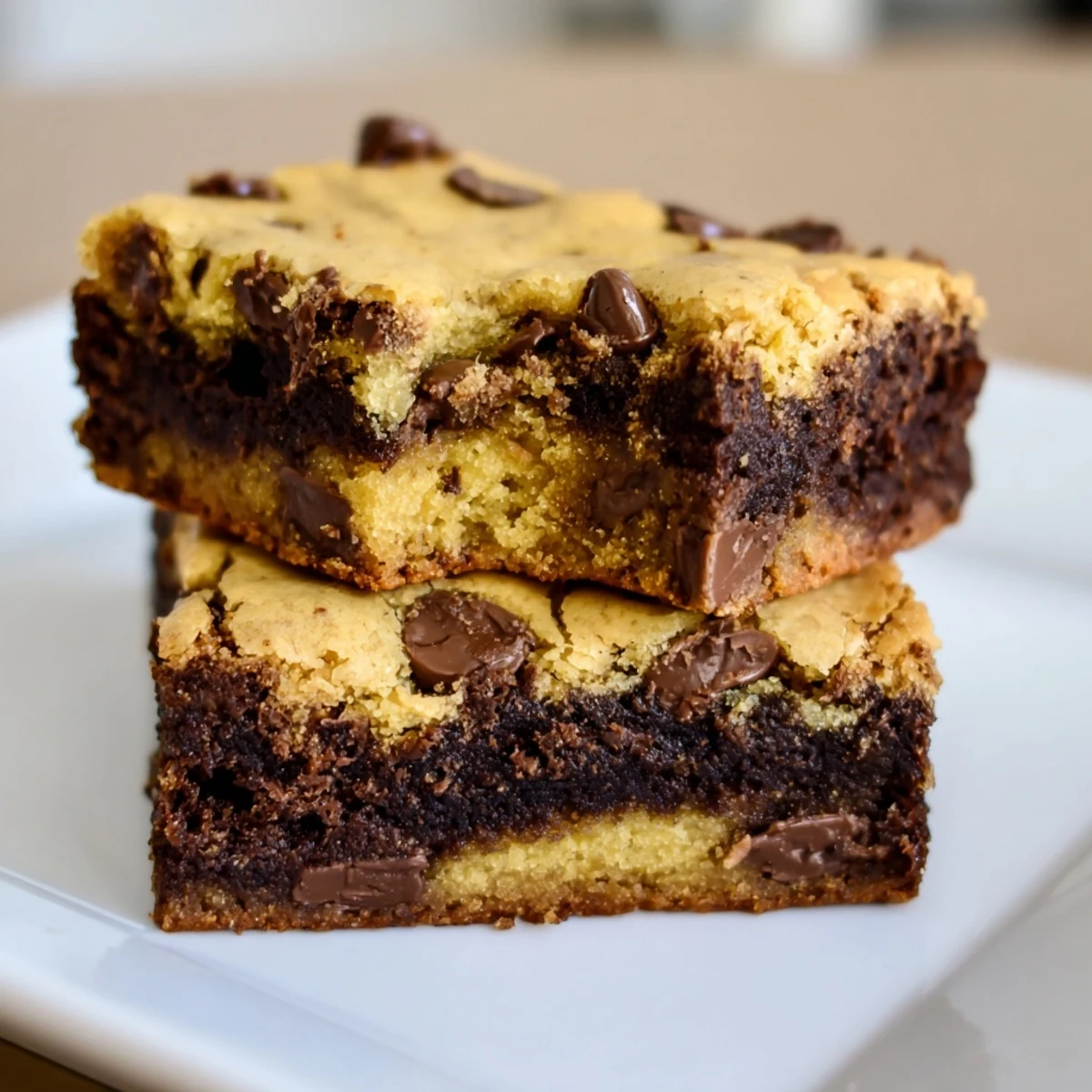 Golden chocolate chip cookie brownie bars showing fudgy layers and melted chocolate chips