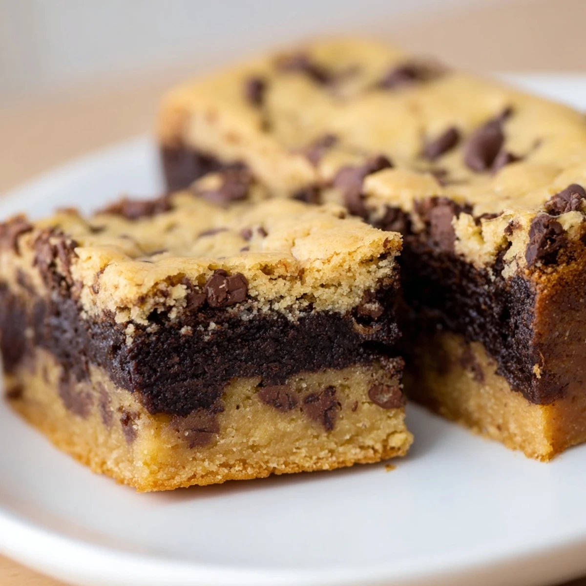 Homemade chocolate chip cookie brownies featuring a cookie dough topping over fudgy brownie layer
