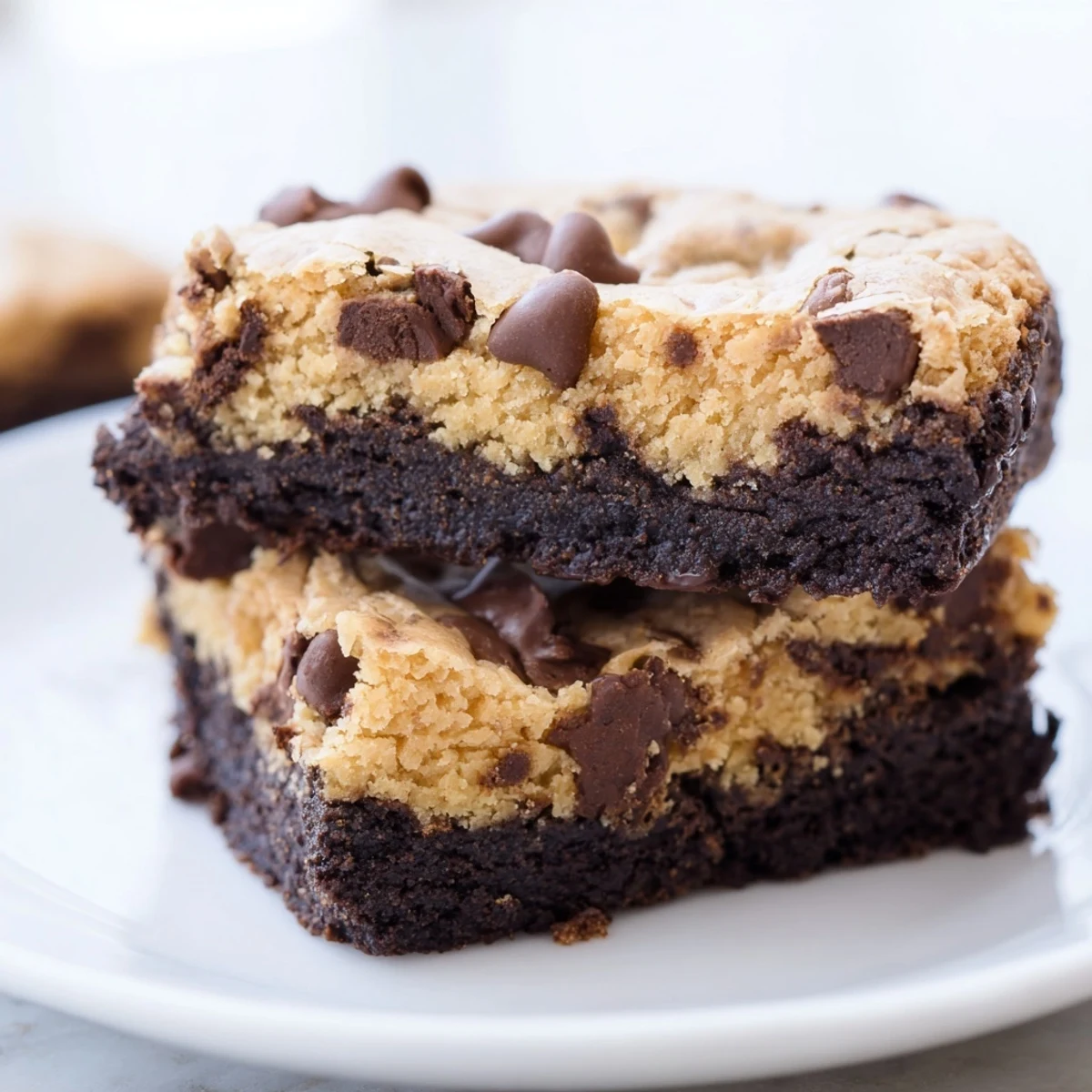 Rich chocolate chip cookie brownies sliced into squares with gooey chocolate centers