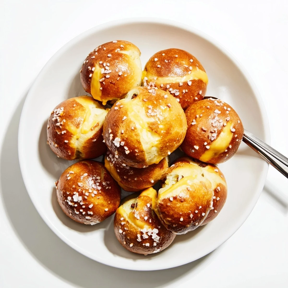 Soft pretzel bites stuffed with seasoned beef and melted cheddar ready for dipping