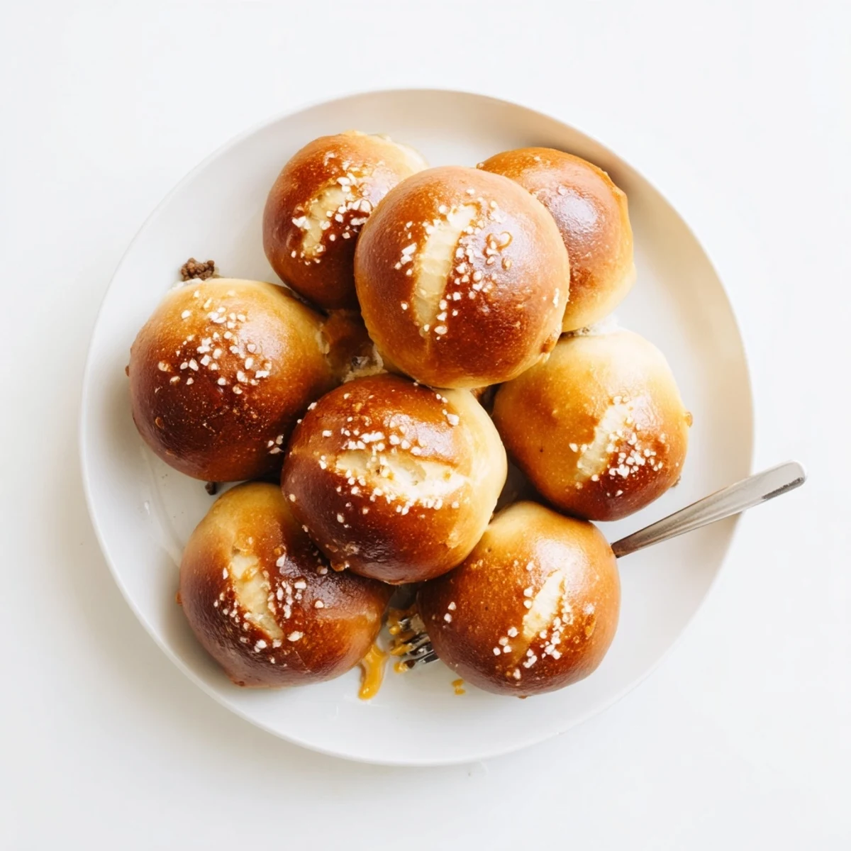 Golden brown cheeseburger pretzel bombs with shiny salted crusts served on wooden board