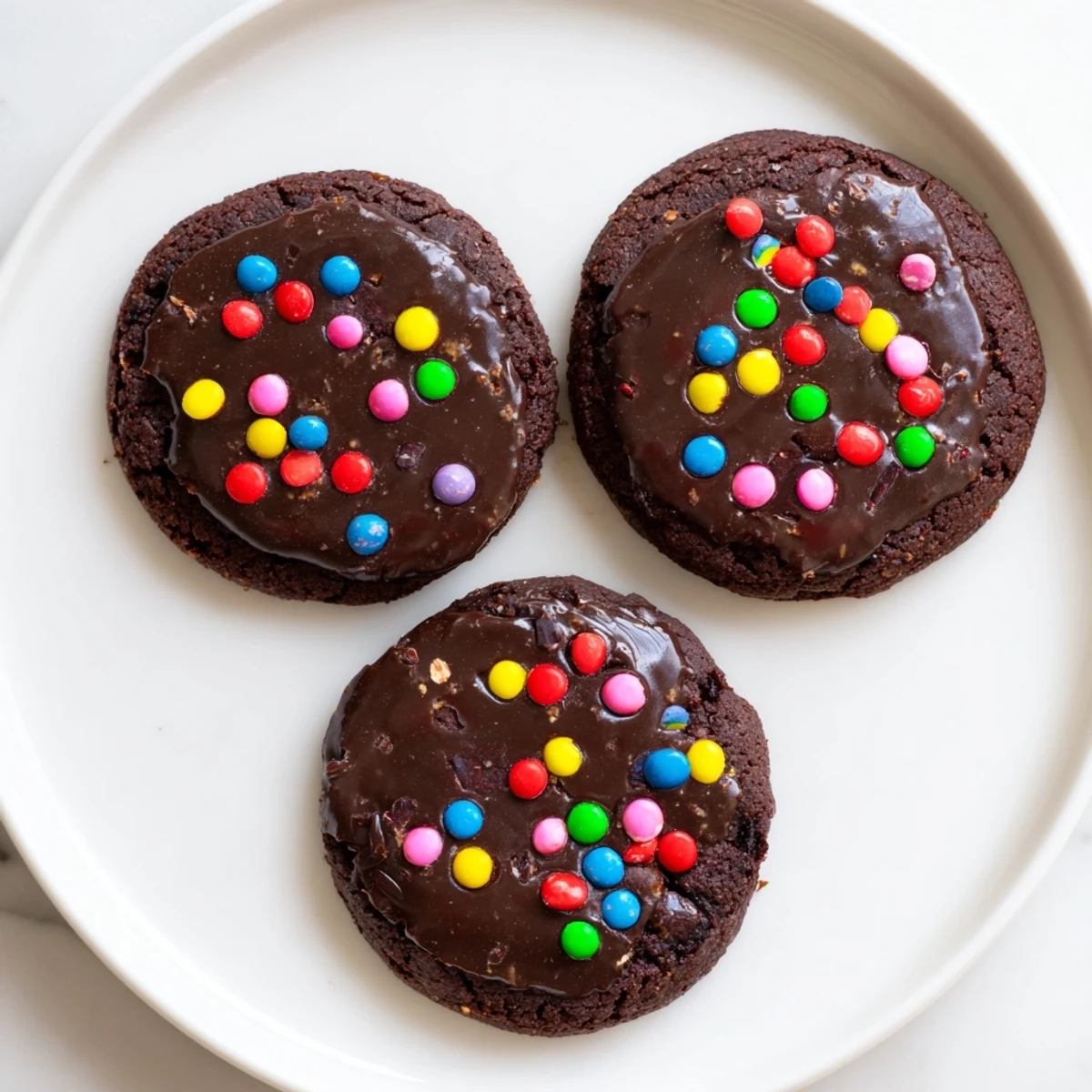 Fudgy Cosmic Brownie Cookies topped with glossy chocolate ganache and colorful rainbow candy chips