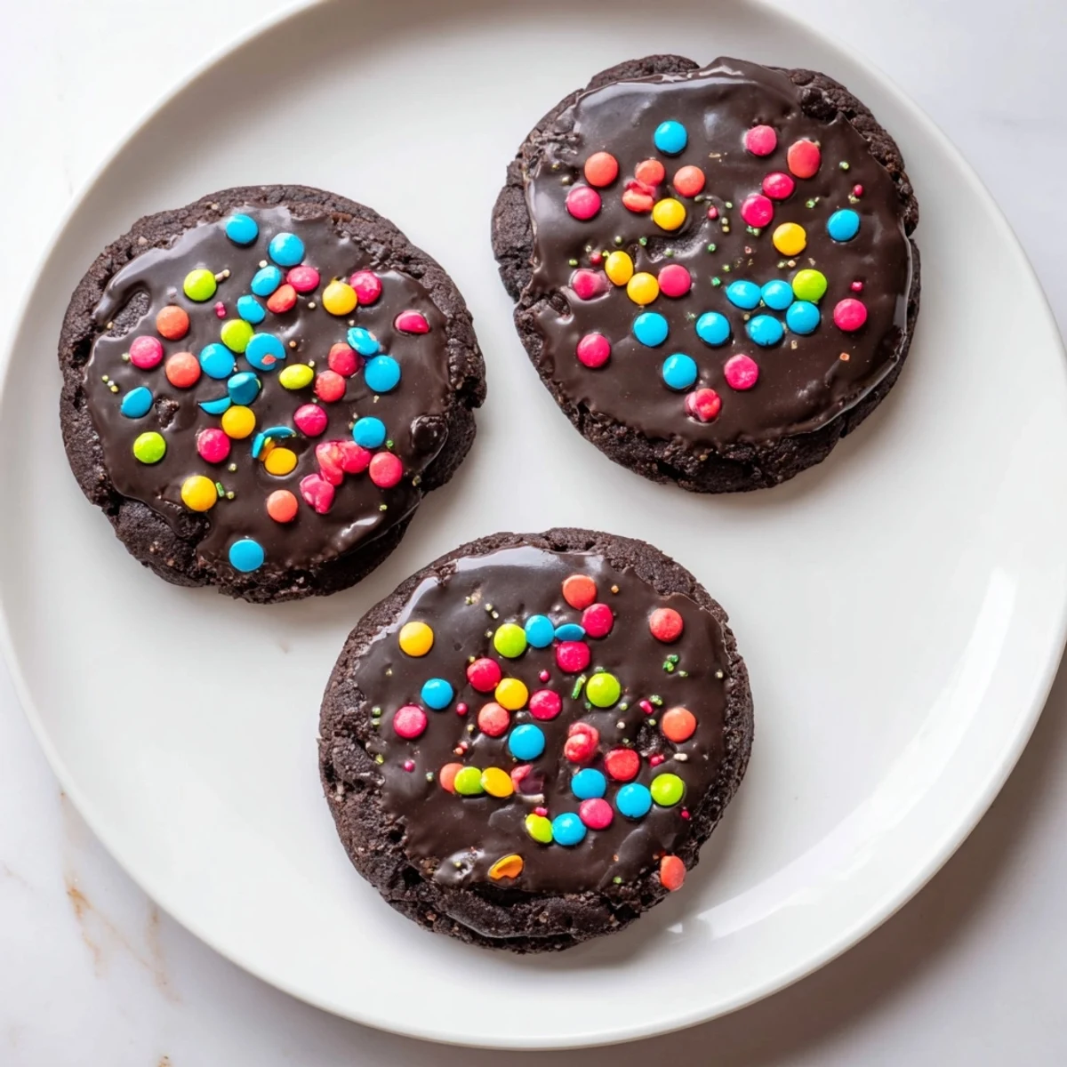 Rich Cosmic Brownie Cookies featuring dark chocolate ganache frosting topped with vibrant candy sprinkles