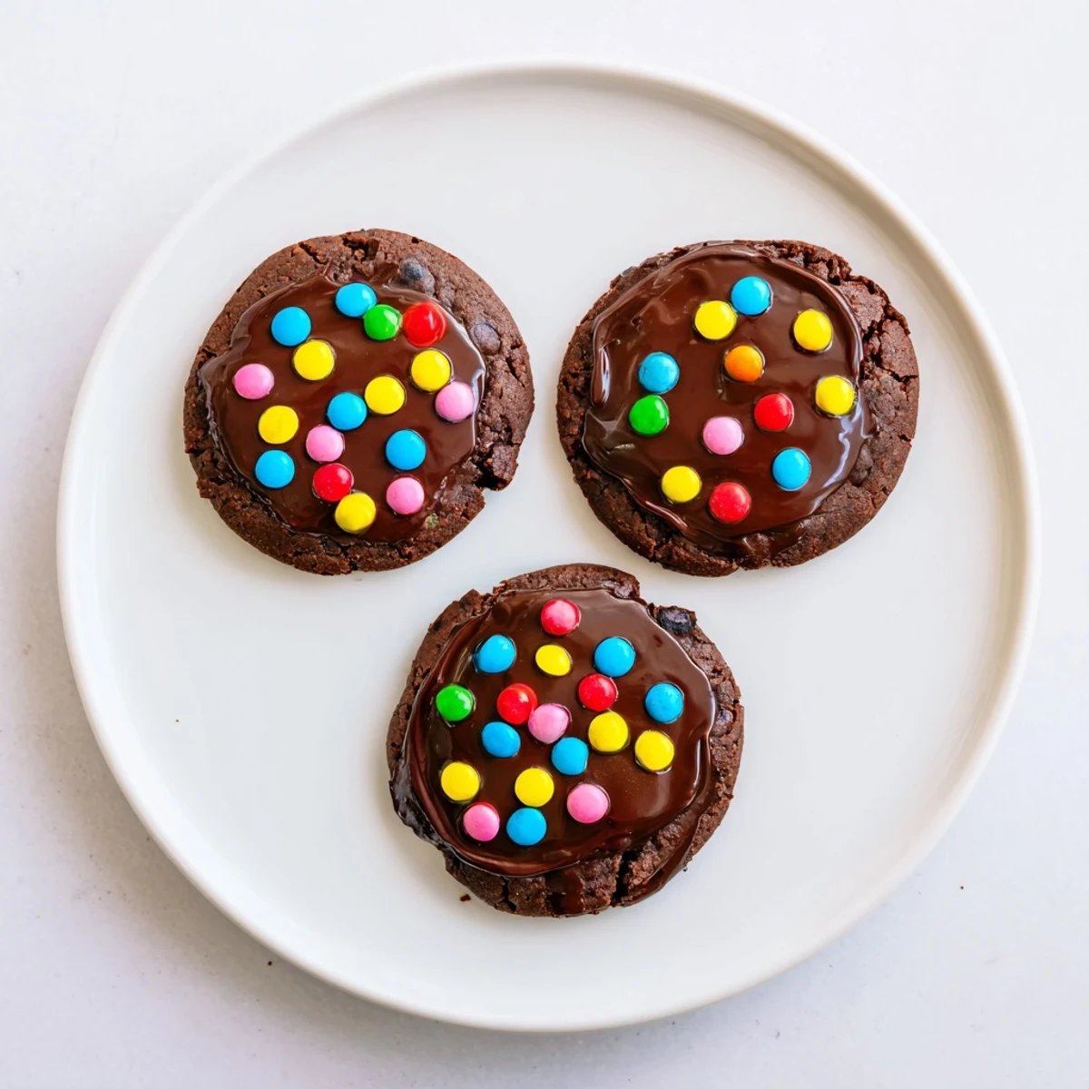Thick chocolate Cosmic Brownie Cookies spread with smooth ganache and sprinkled with candy-coated chocolates