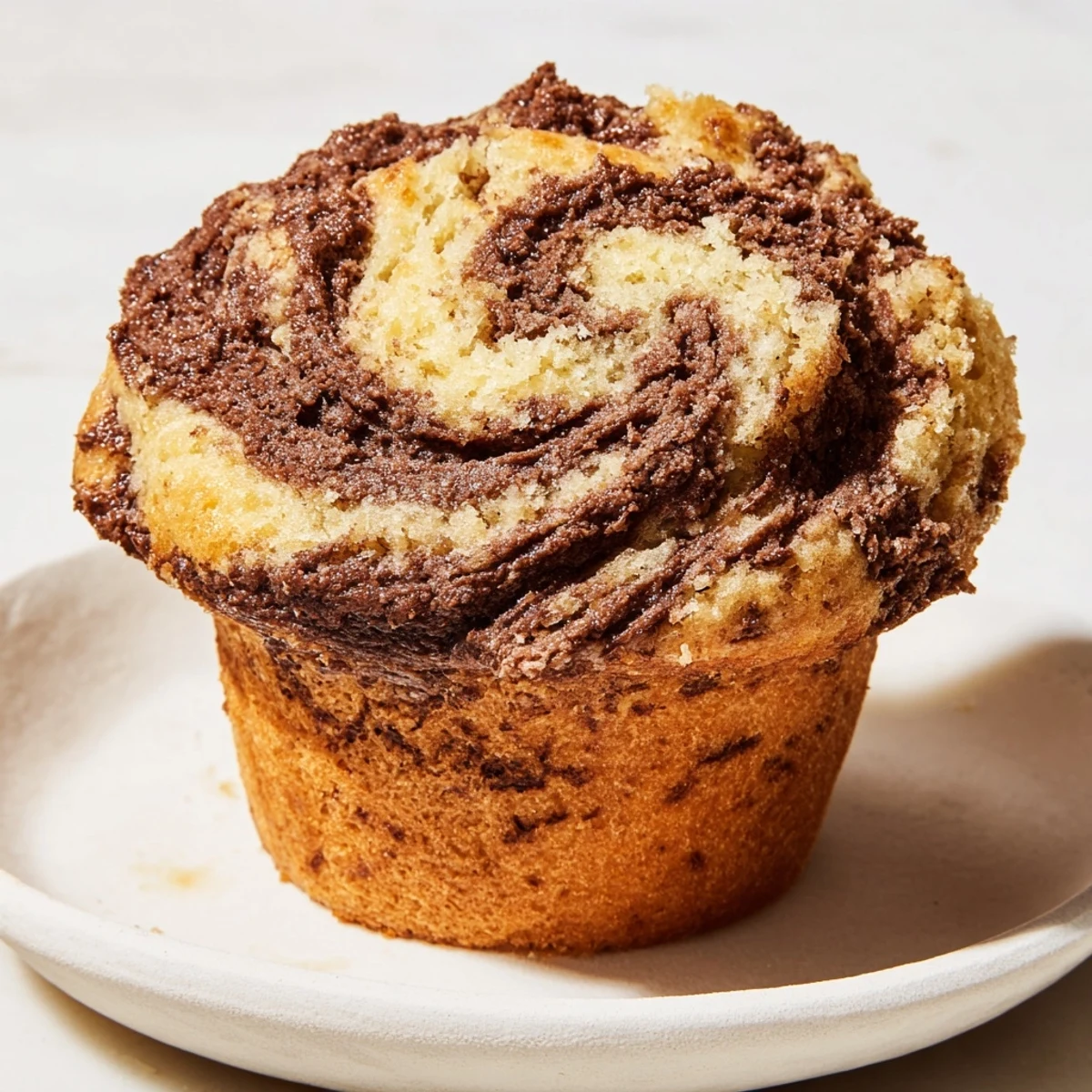 Golden Nutella banana swirl muffins topped with ribbons of chocolate hazelnut spread