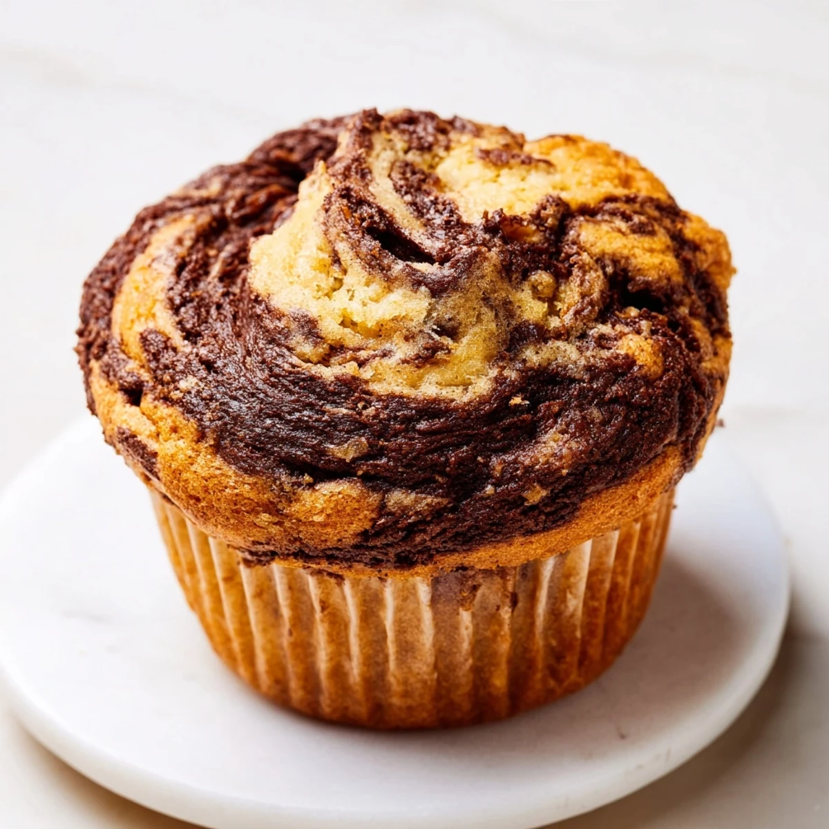 Freshly baked banana muffins with swirling Nutella marbling on a wire cooling rack