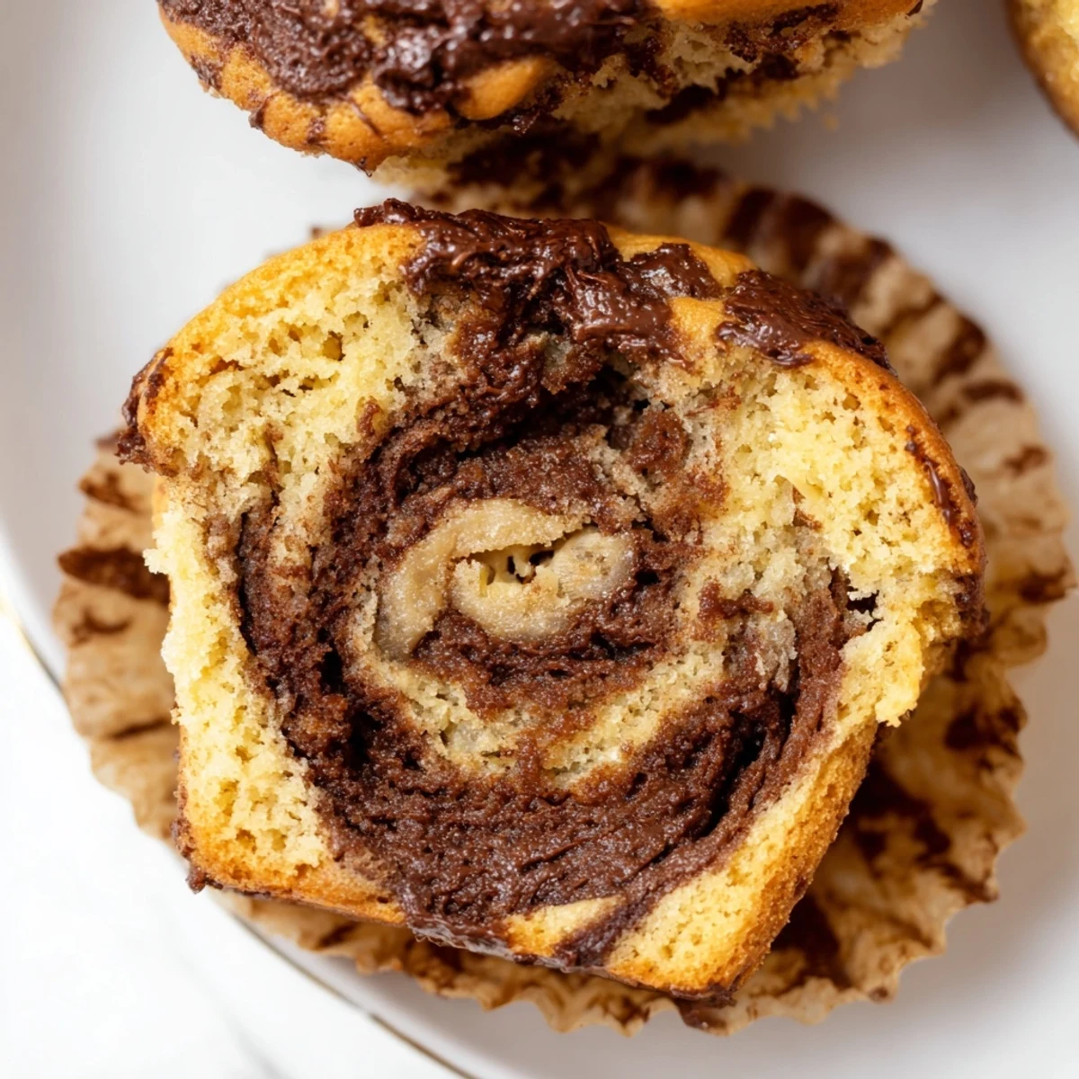 Moist banana muffins featuring decadent Nutella swirl patterns baked to golden perfection