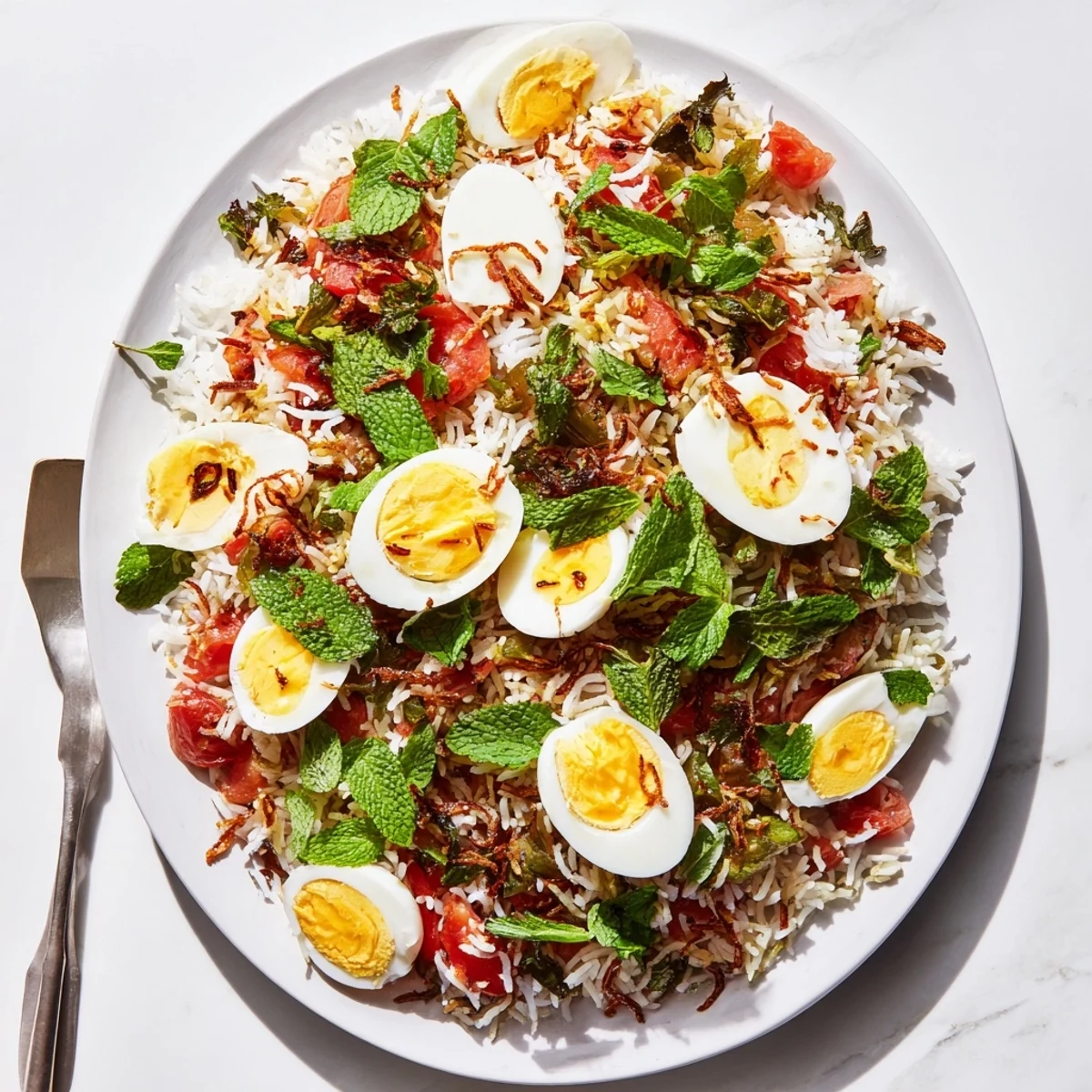 Golden Tomato and Ginger Biryani topped with perfectly cooked eggs and fresh cilantro