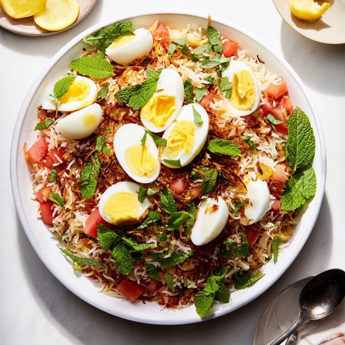 Fragrant basmati rice layered with spiced tomatoes and ginger served with boiled eggs