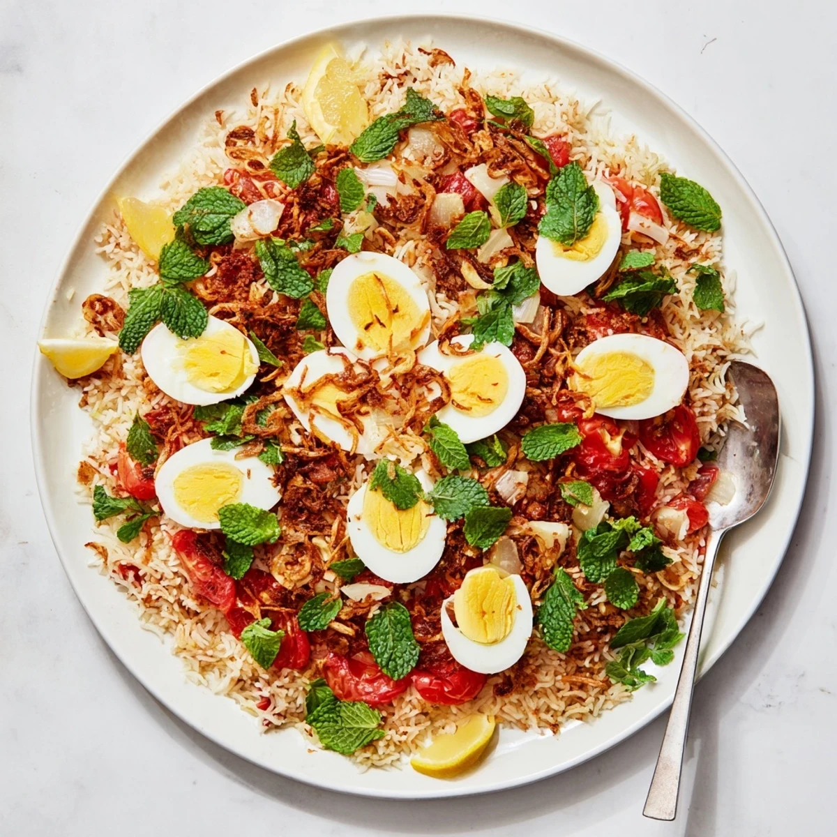 Colorful Indian Tomato and Ginger Biryani bowl featuring eggs and aromatic spices garnished with mint