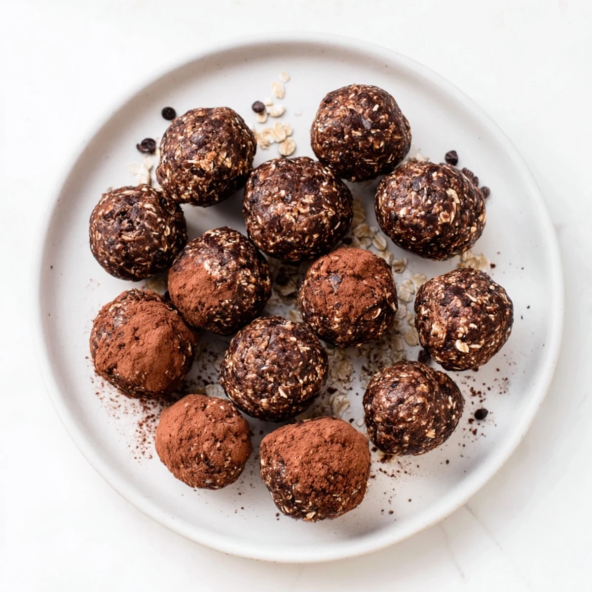 Bite-sized no bake chocolate peanut butter protein balls rolled in mini chocolate chips on a white plate