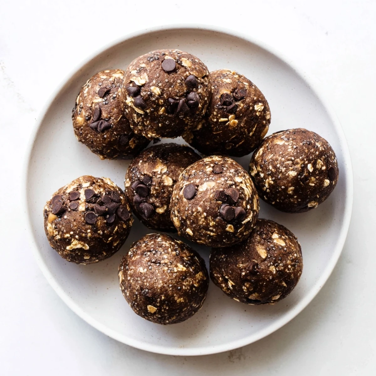 Homemade no bake protein balls featuring creamy peanut butter and dark chocolate chunks, stacked in a glass container