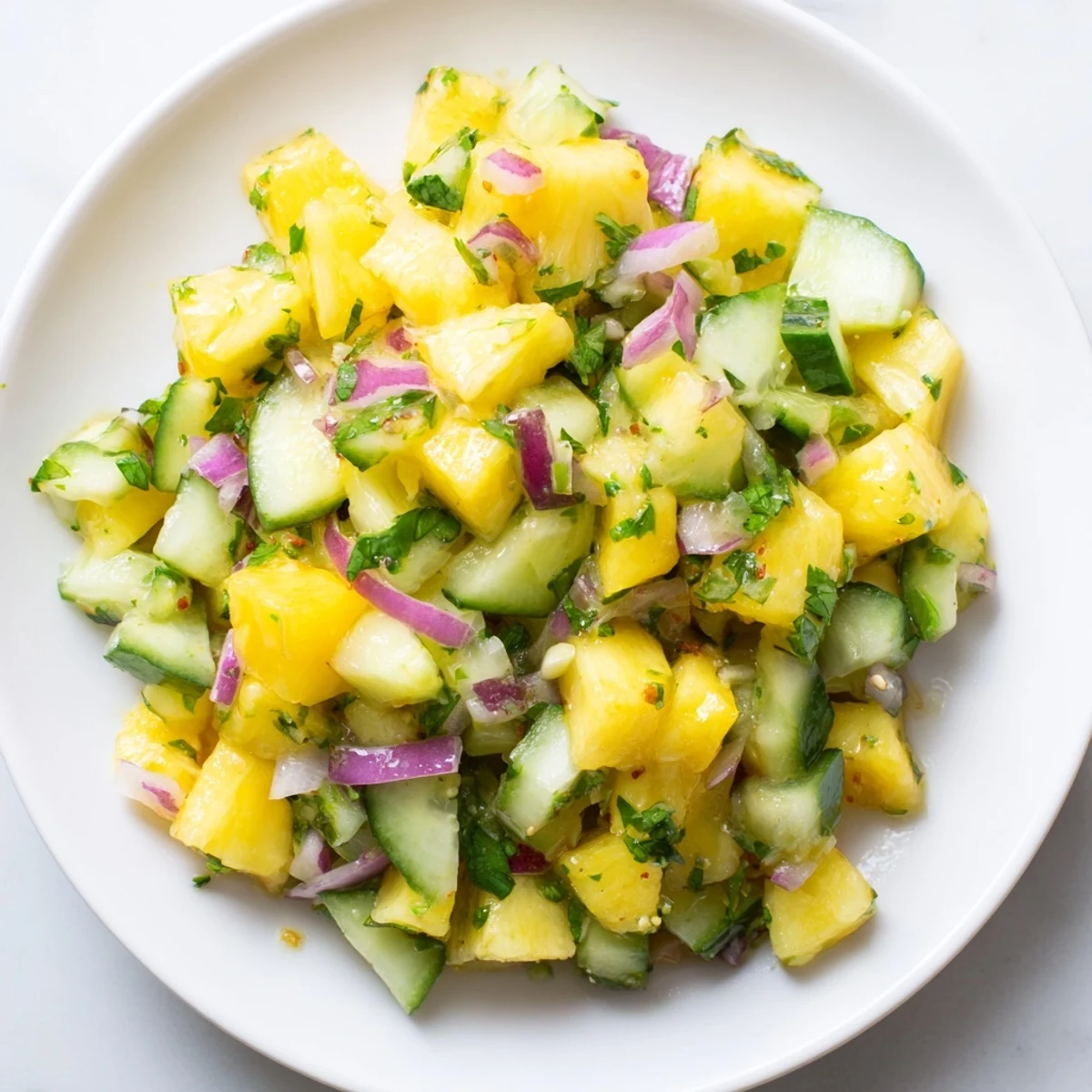 Fresh pineapple cucumber salad with vibrant red onion and cilantro in a serving bowl