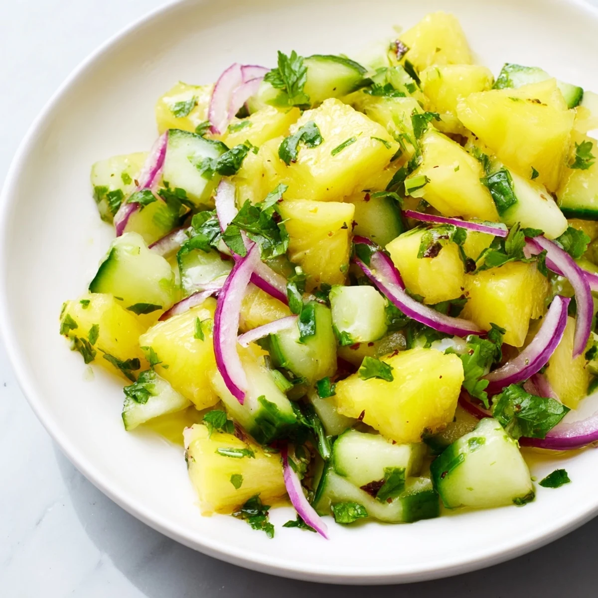 Zesty lime dressed pineapple cucumber salad featuring crisp vegetables and green herbs on a white plate