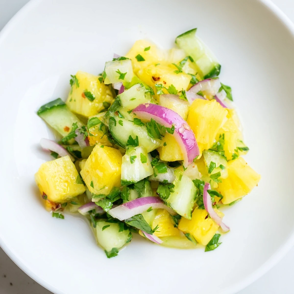 Colorful tropical pineapple cucumber salad tossed with tangy lime vinaigrette and fresh cilantro garnish