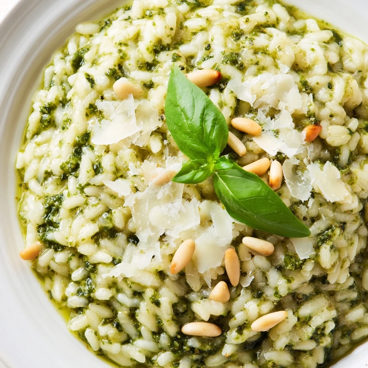 Steaming plate of vegetarian Parmesan pesto risotto sprinkled with toasted pine nuts