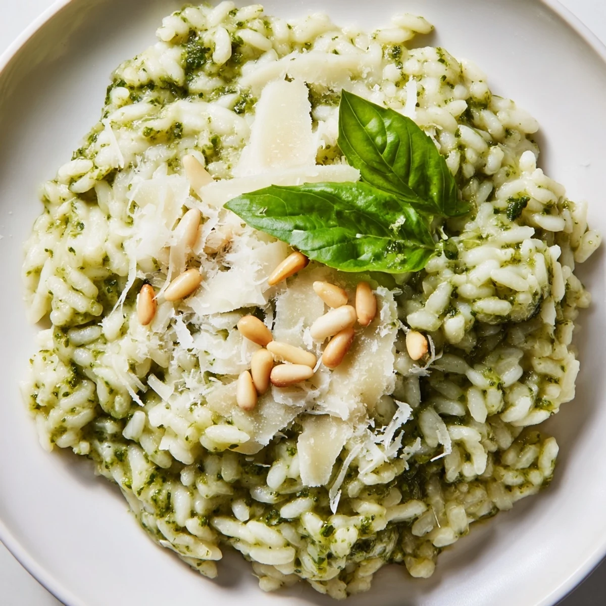 Creamy Parmesan pesto risotto in a white bowl garnished with fresh basil leaves