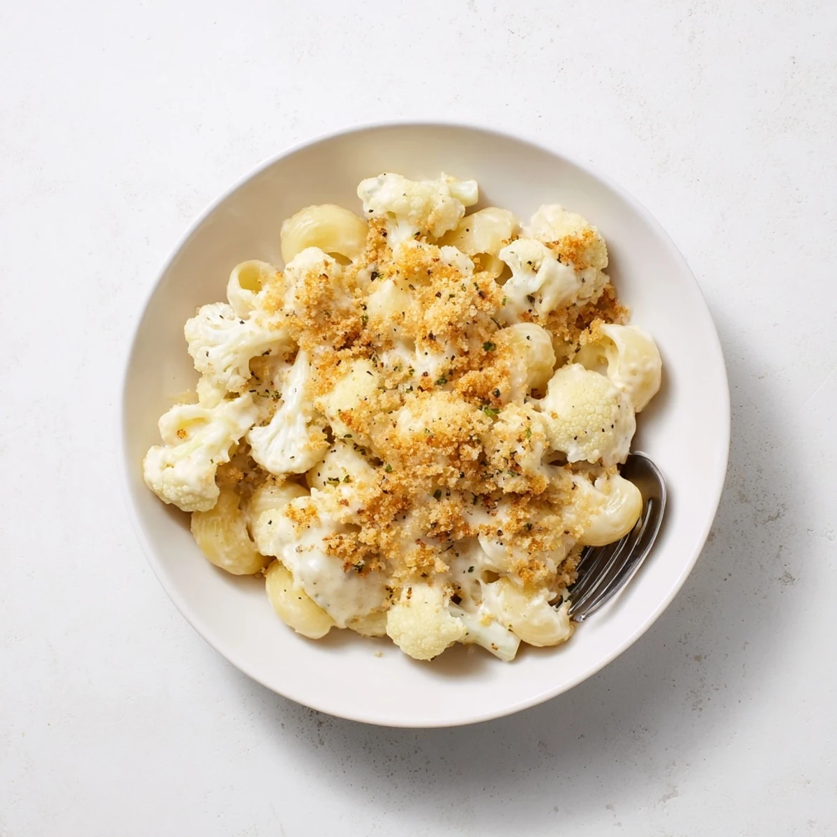 Golden baked cauliflower mac and cheese bubbling with melted cheddar and crispy breadcrumb topping