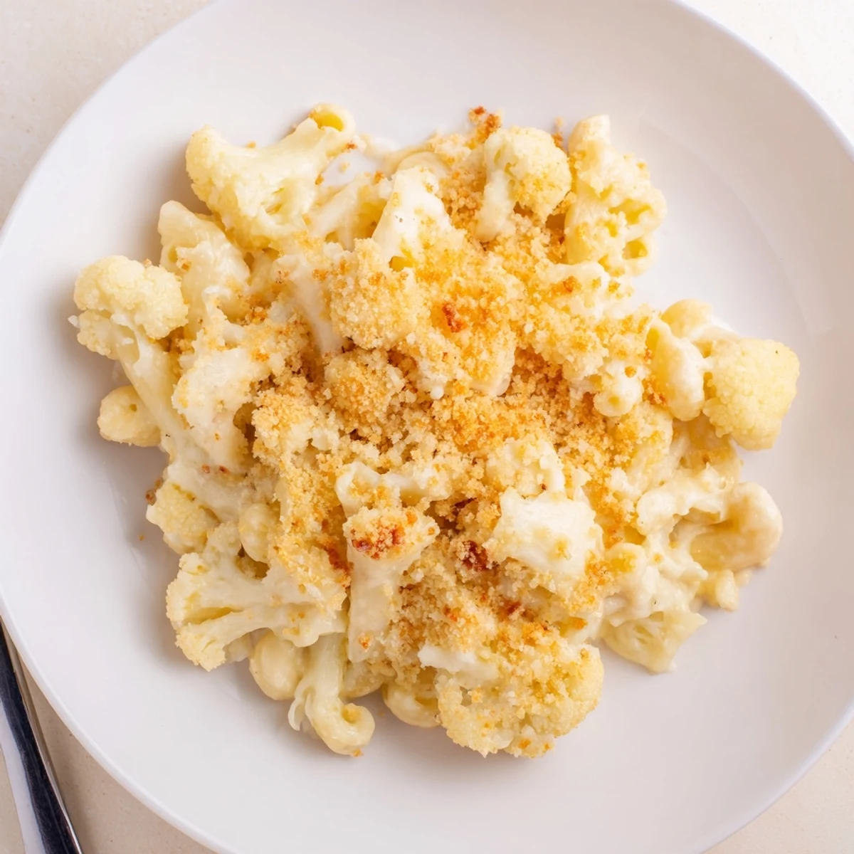 Creamy three-cheese pasta dish with tender cauliflower florets baked until golden and bubbly