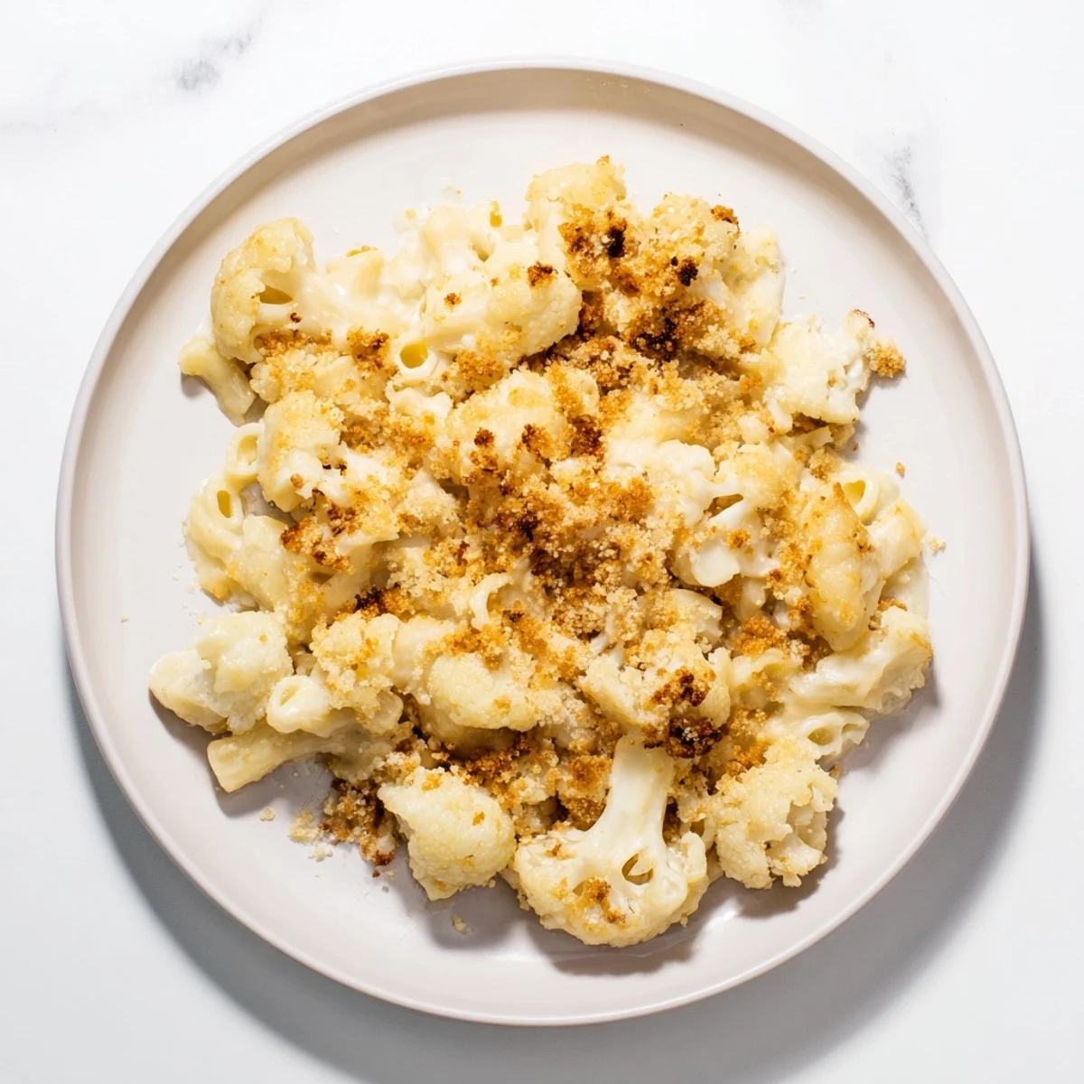 Comforting bowl of cheesy macaroni mixed with roasted cauliflower in a rich velvety sauce