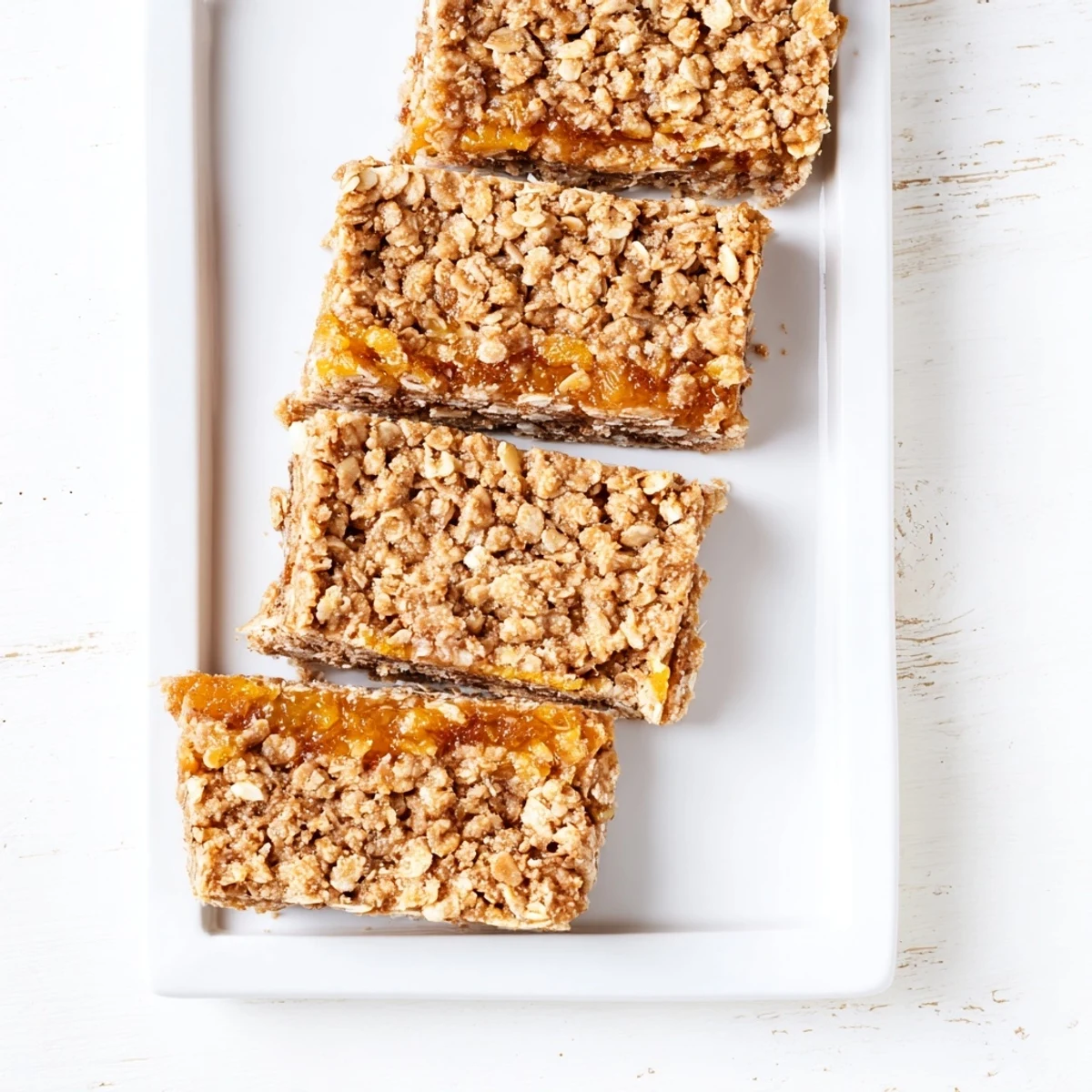 Sliced gluten-free oatmeal apricot bars showing jammy apricot center and textured oat crust perfect for breakfast snacking