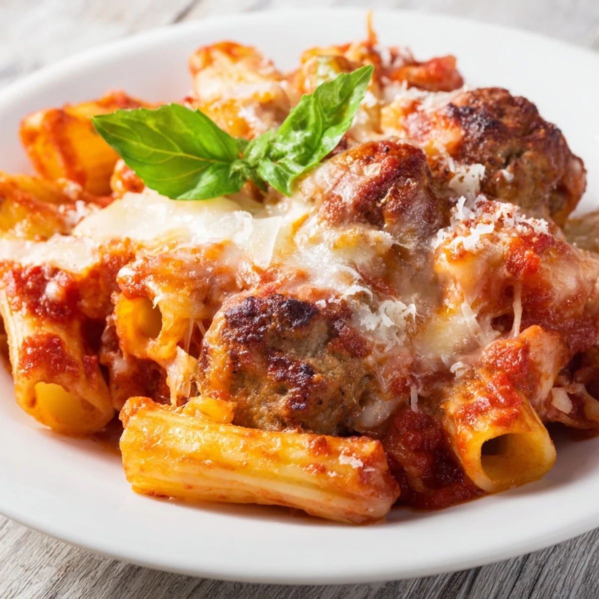 Golden bubbling Italian meatball pasta bake with melted mozzarella and tender beef meatballs nestled in tomato sauce