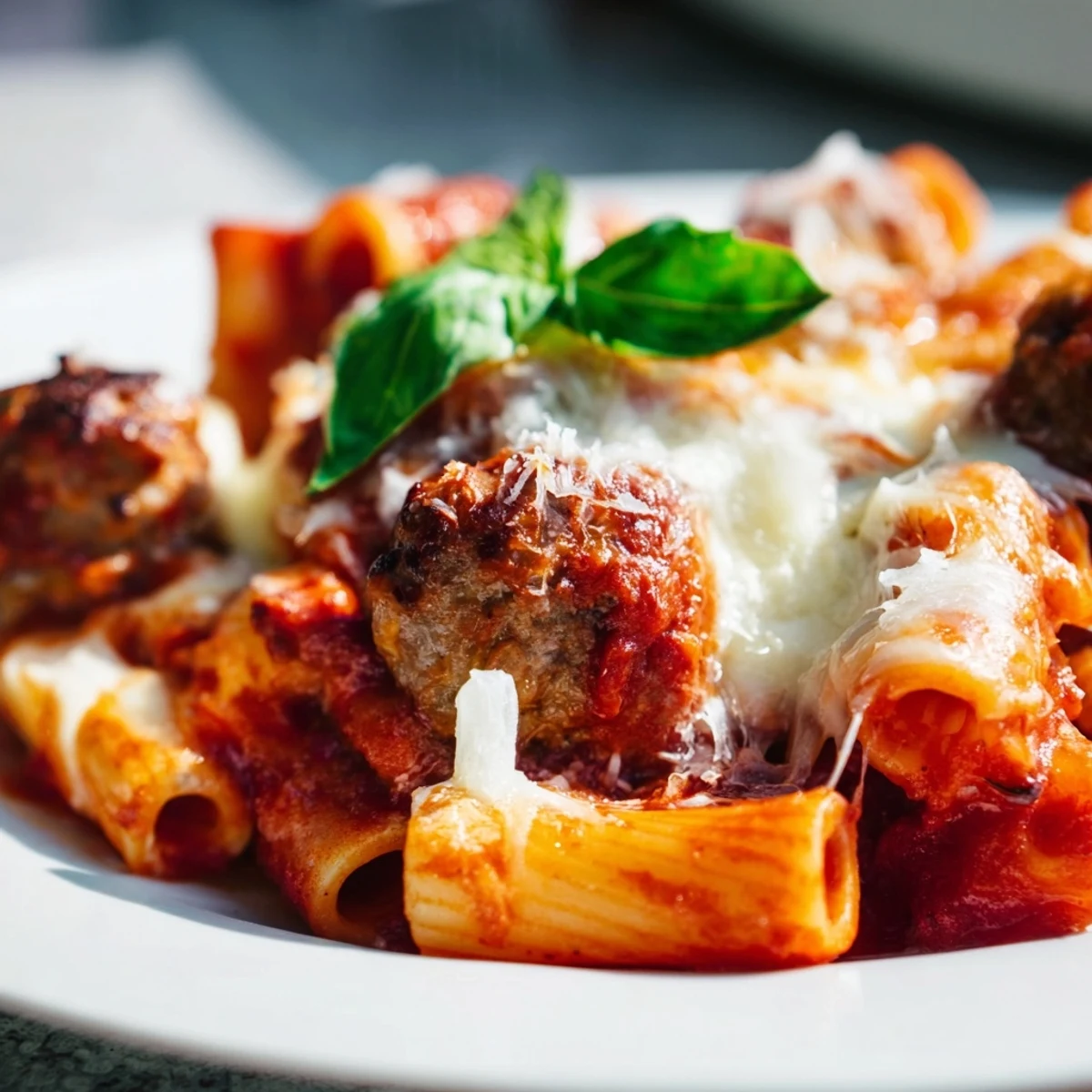 Hearty Italian meatball pasta bake featuring juicy meatballs and al dente penne topped with browned Parmesan crust