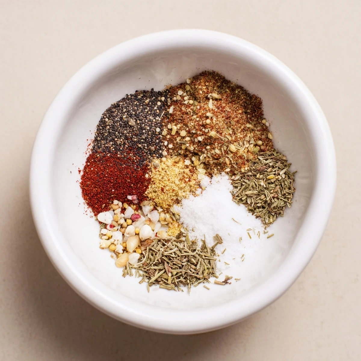 A rustic wooden bowl filled with Copycat Montreal Steak Seasoning blend featuring coarse black pepper, paprika, and aromatic herbs.