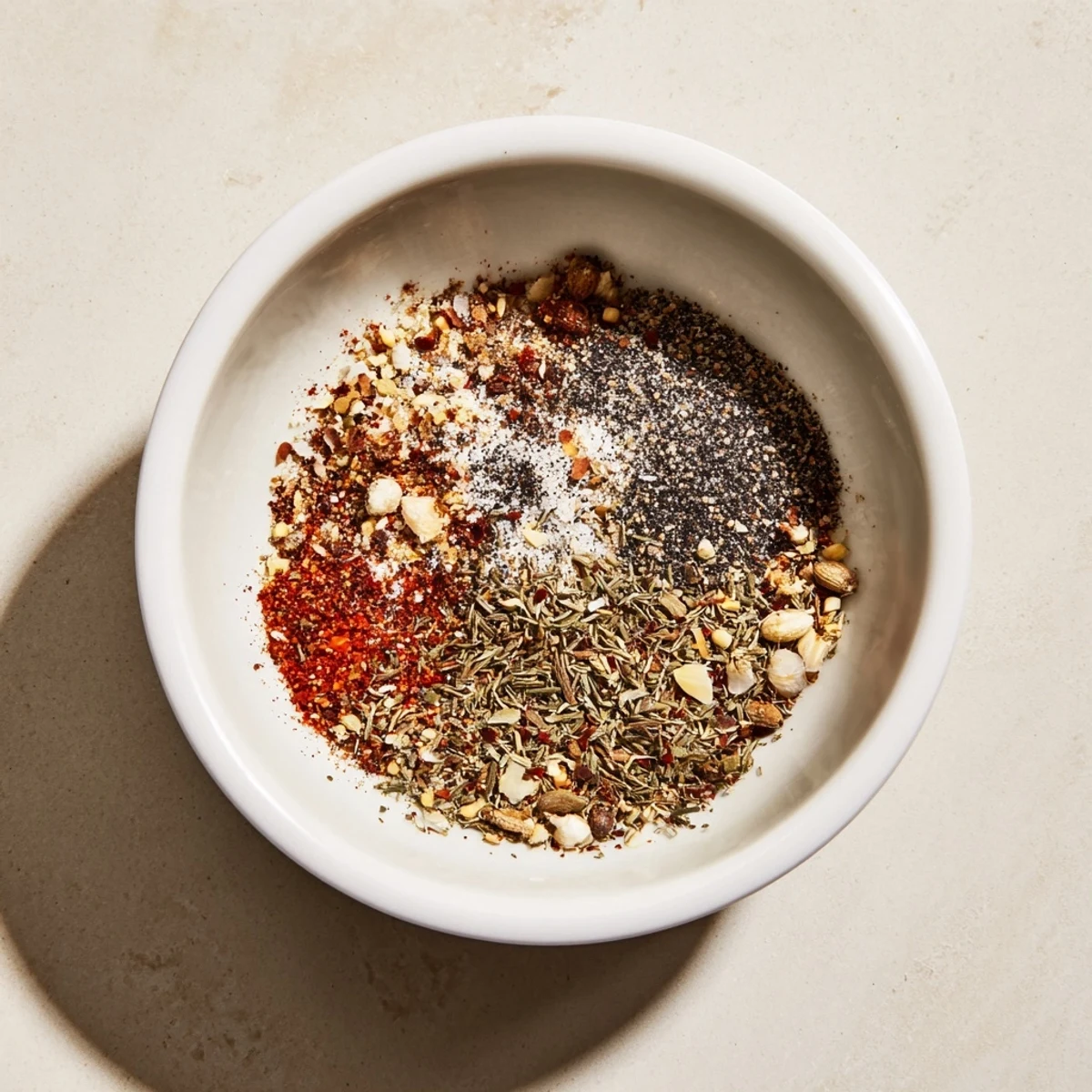 Glass jar displaying homemade Copycat Montreal Steak Seasoning with visible specks of coriander, garlic powder, and red pepper flakes.