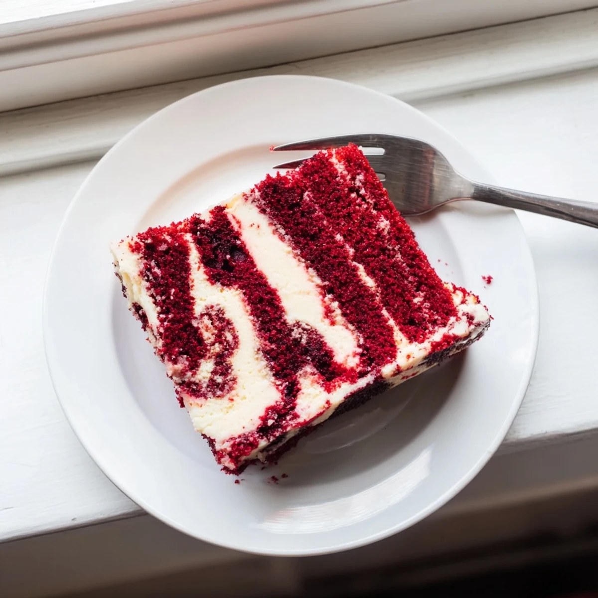 Sliced red velvet cheesecake swirl cake showing marbled red and cream cheese interior texture