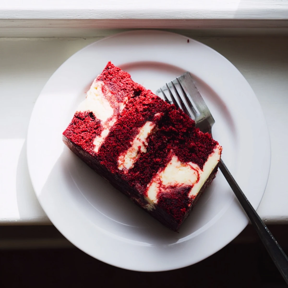 Moist red velvet cake layers swirled with creamy cheesecake batter on a white plate