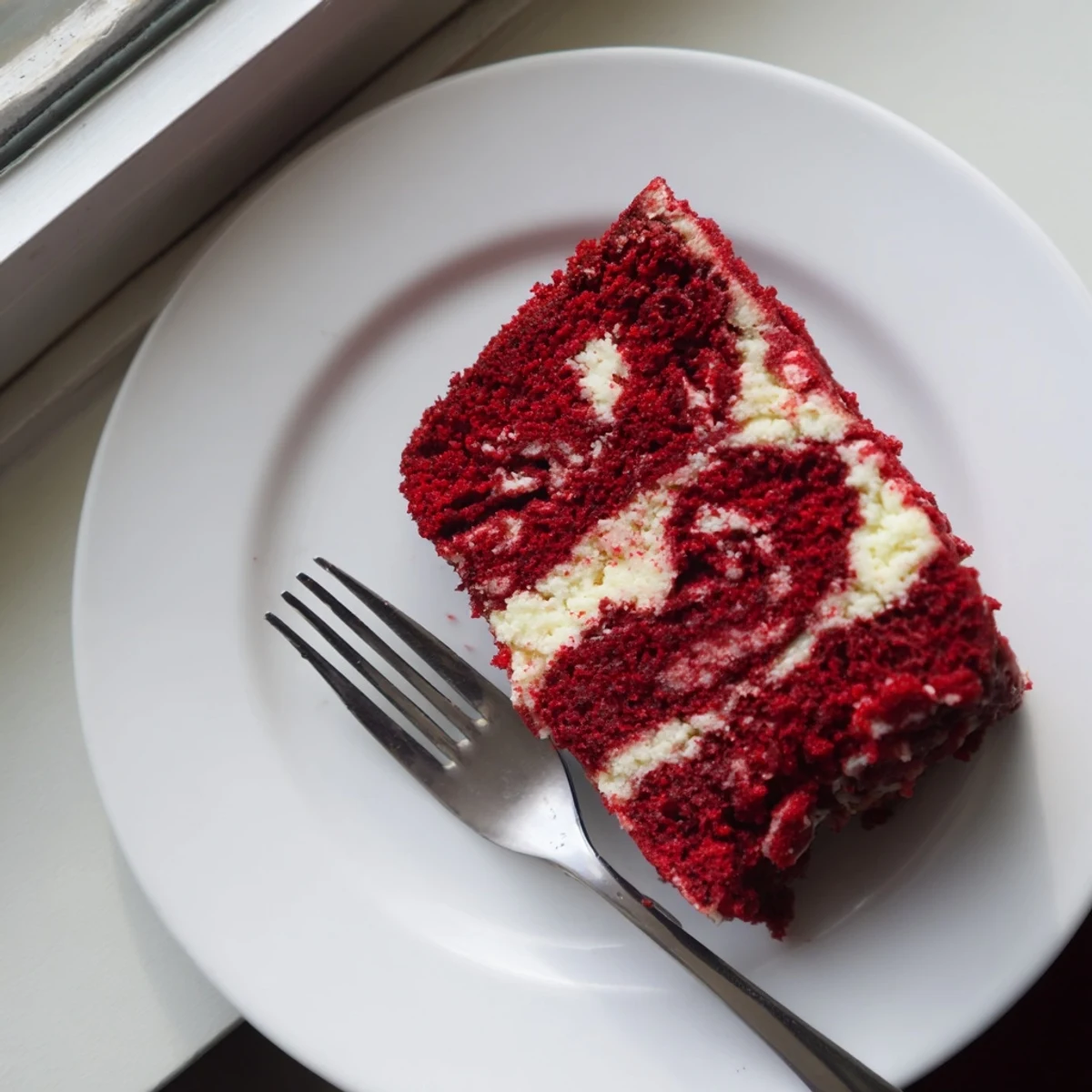 Homemade red velvet cheesecake swirl cake topped with powdered sugar ready for serving