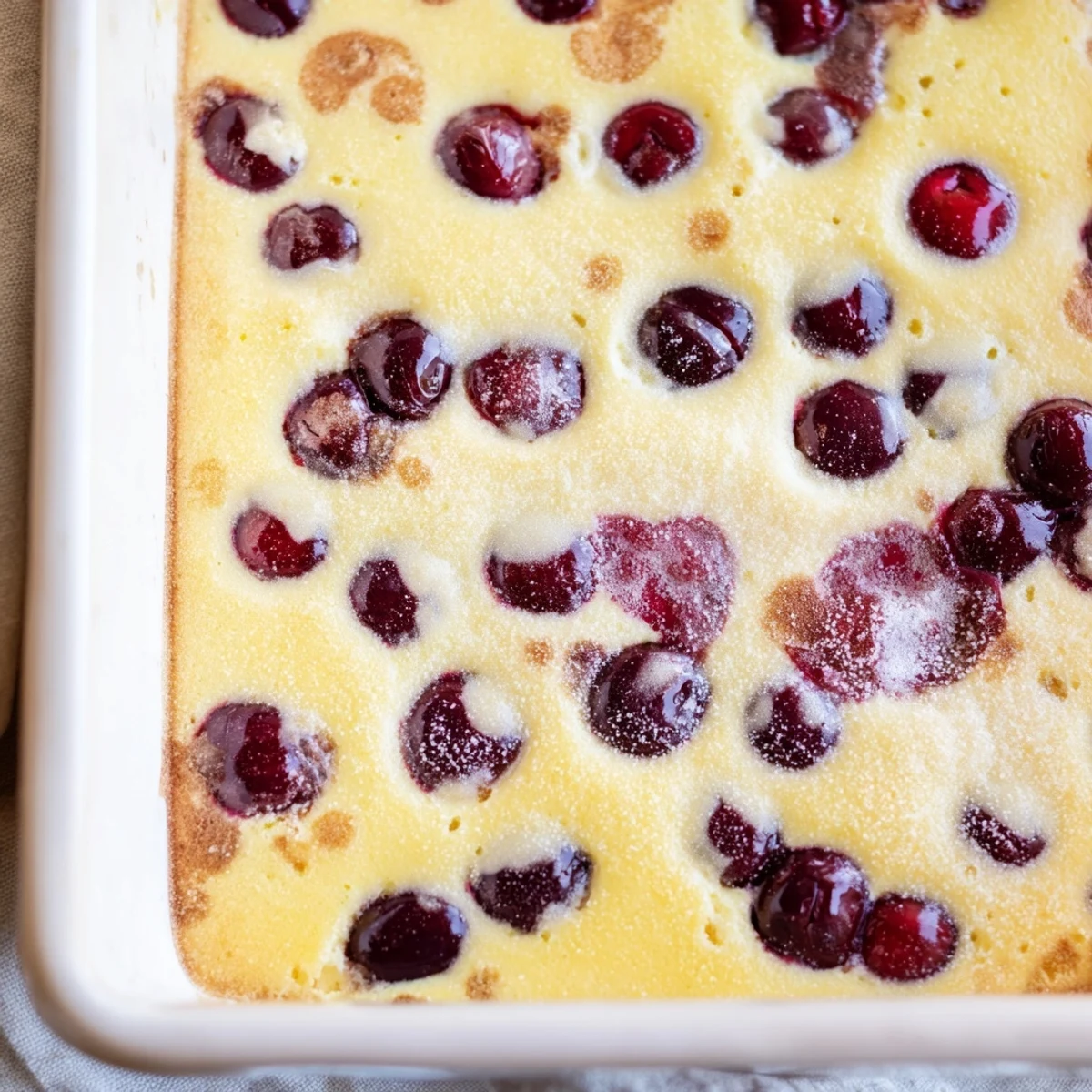 Golden cherry custard baking in a white dish with ruby red fruit peeking through creamy set custard