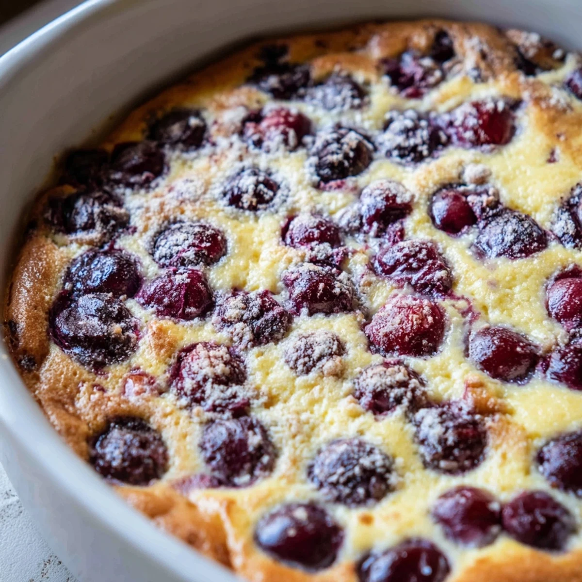 Creamy cherry custard dessert topped with scattered pitted cherries against a golden baked custard surface