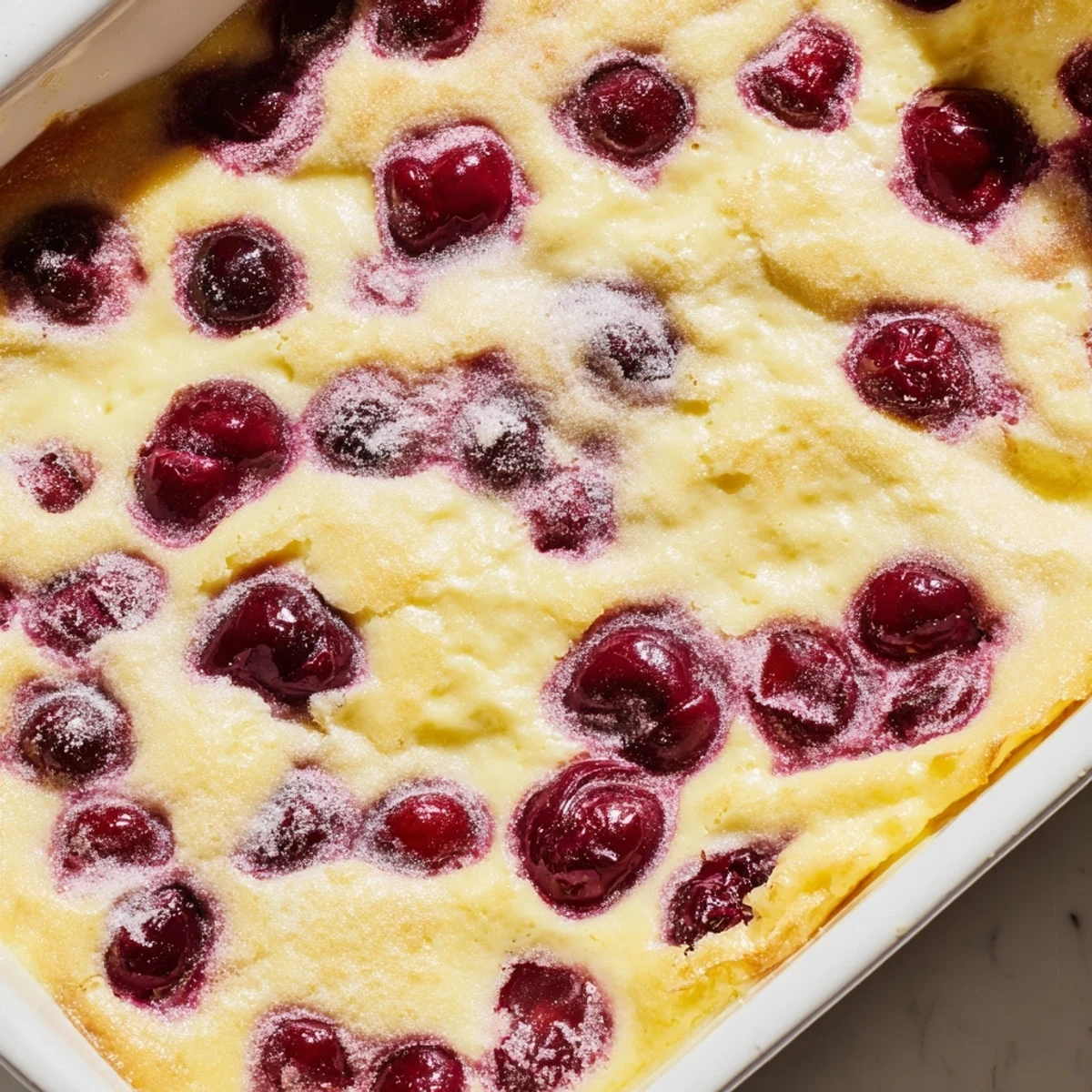 Warm cherry custard resting in a round baking dish with juicy cherries suspended throughout the egg custard