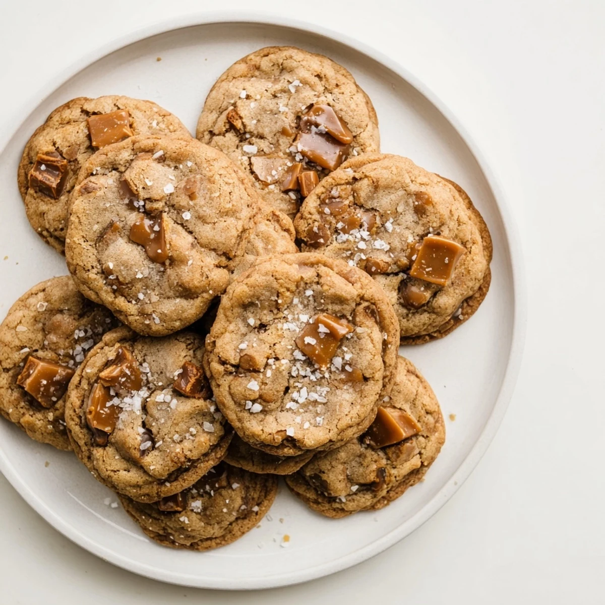 Golden brown sea salt caramel cookies with gooey melted caramel pieces topped with flaky sea salt
