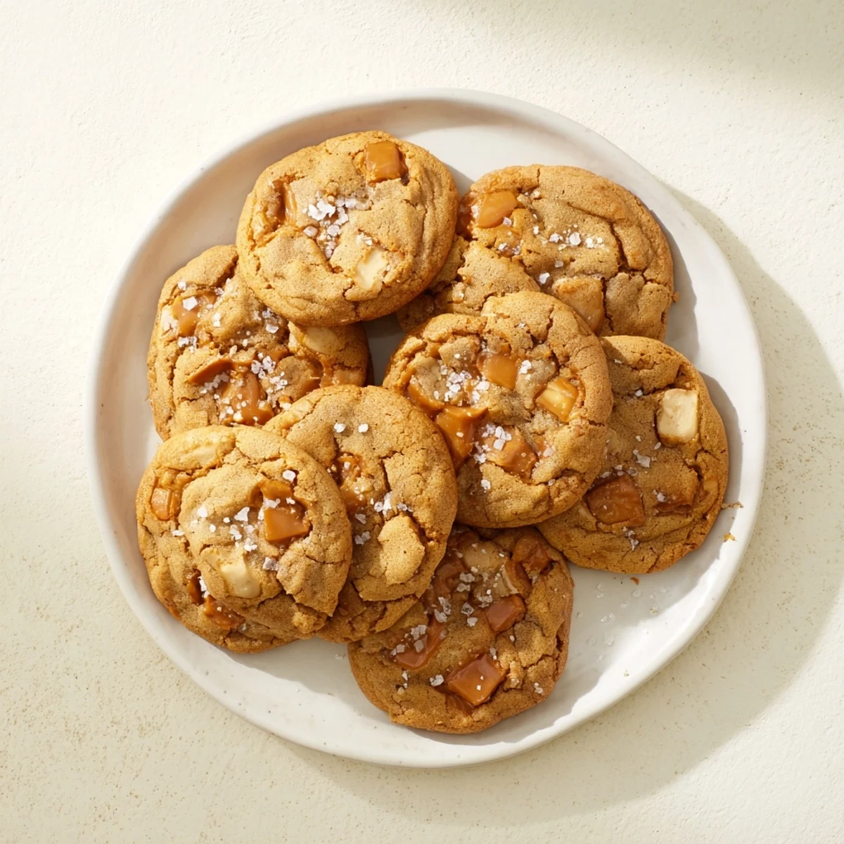 Chewy buttery sea salt caramel cookies fresh from the oven with caramel bits visible throughout