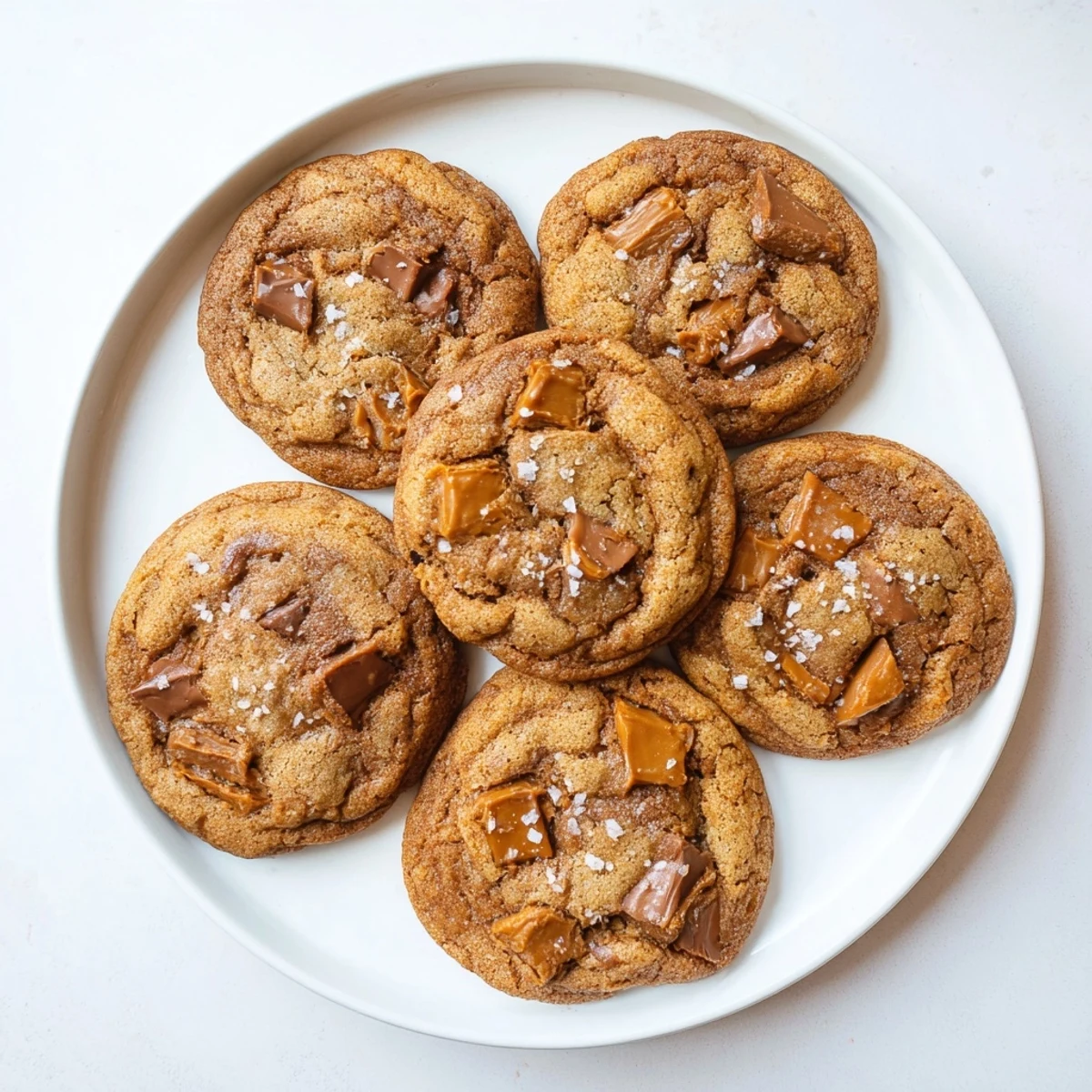 Stack of homemade sea salt caramel cookies sprinkled with flaky salt on a white serving plate