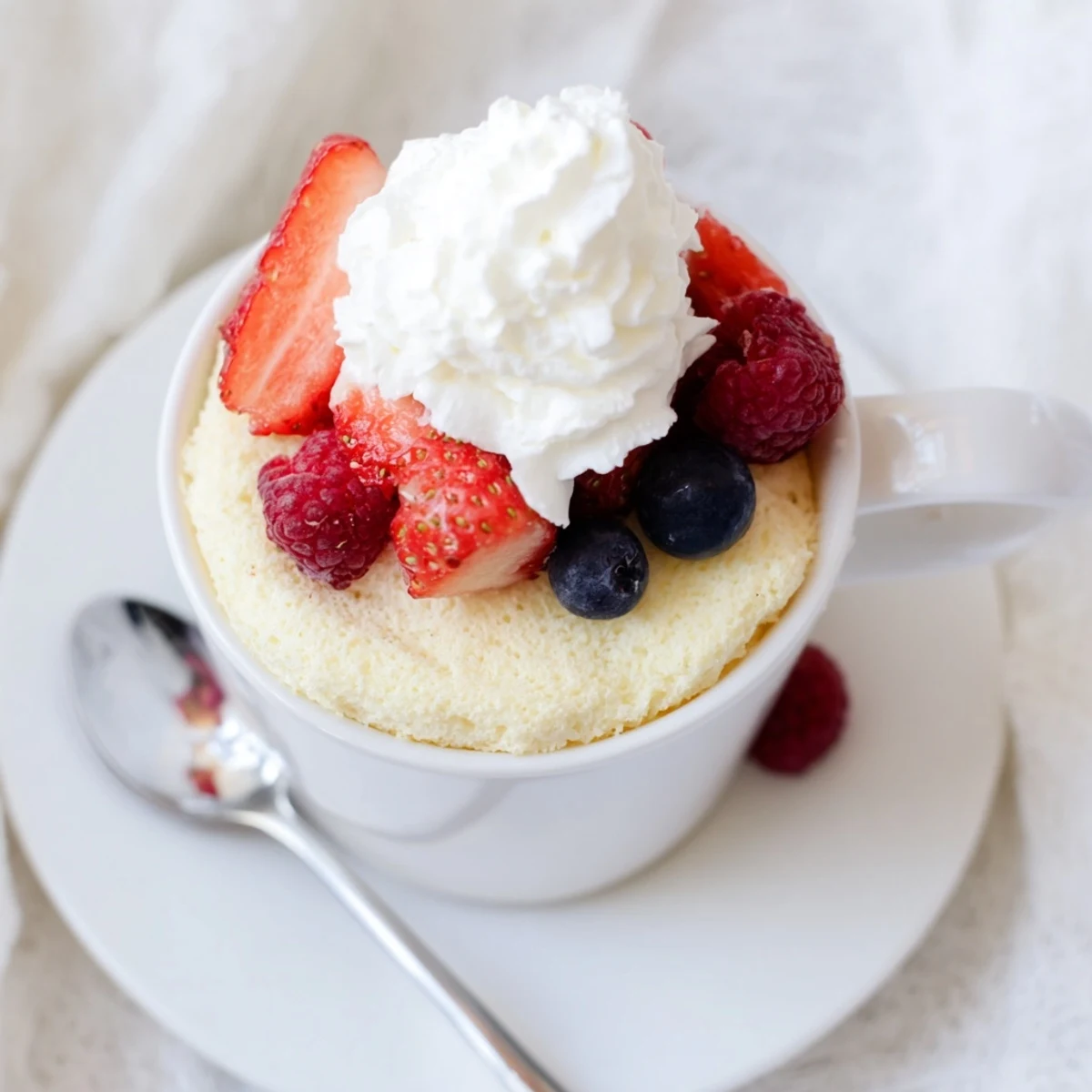 Air fryer angel food mug cake topped with whipped cream and fresh red strawberries