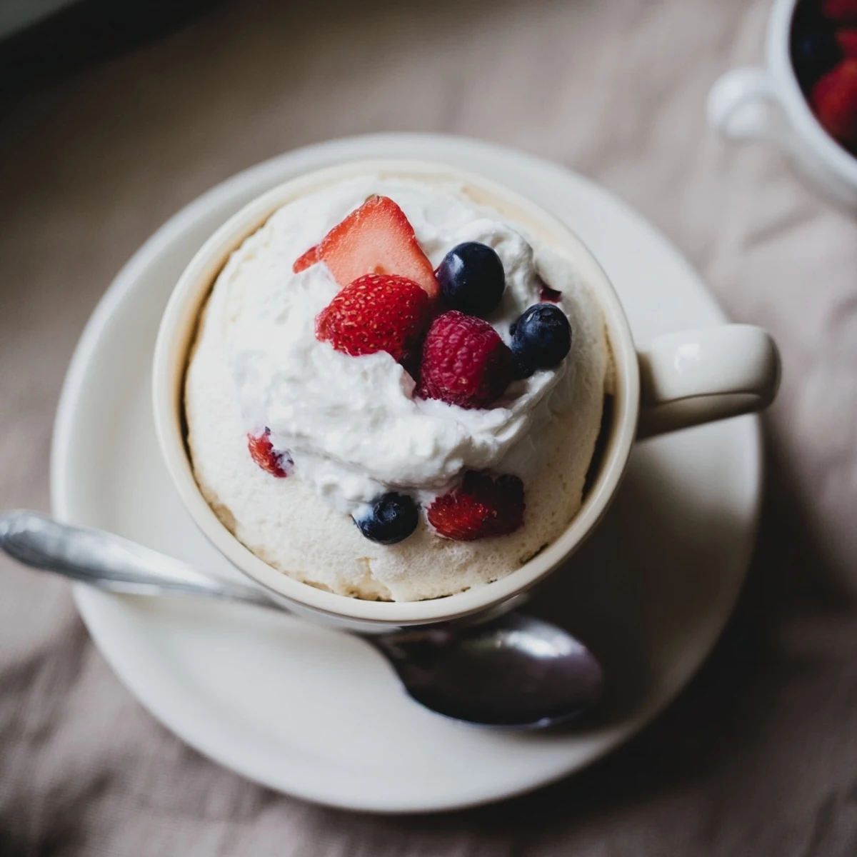 Fluffy white angel food cake in a mug ready for quick air fryer baking