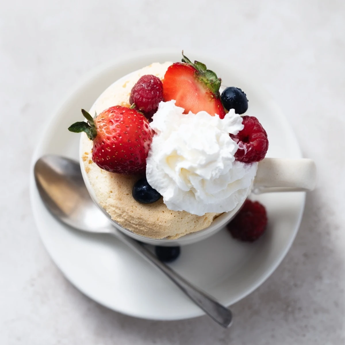 Golden angel food mug cake with berries emerging from the hot air fryer basket