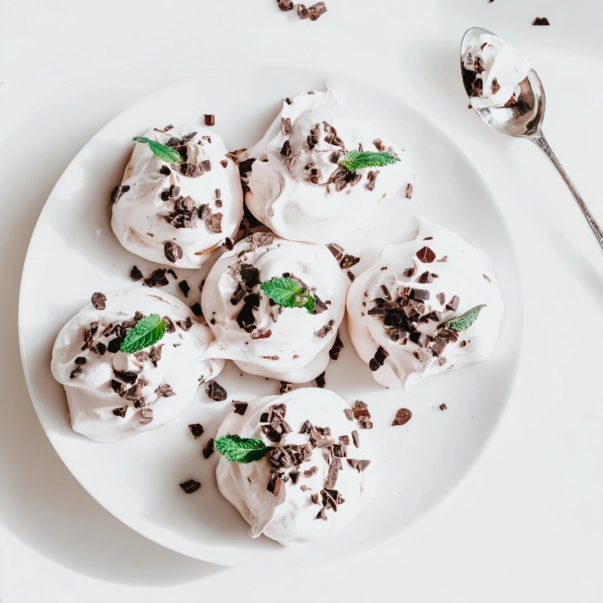 Airy chocolate meringue cookies studded with mint chips cooling on parchment paper