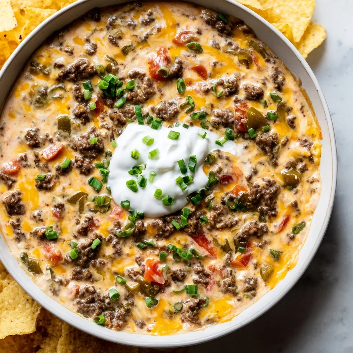 Golden melted Rotel dip with seasoned ground beef bubbling in a creamy serving bowl