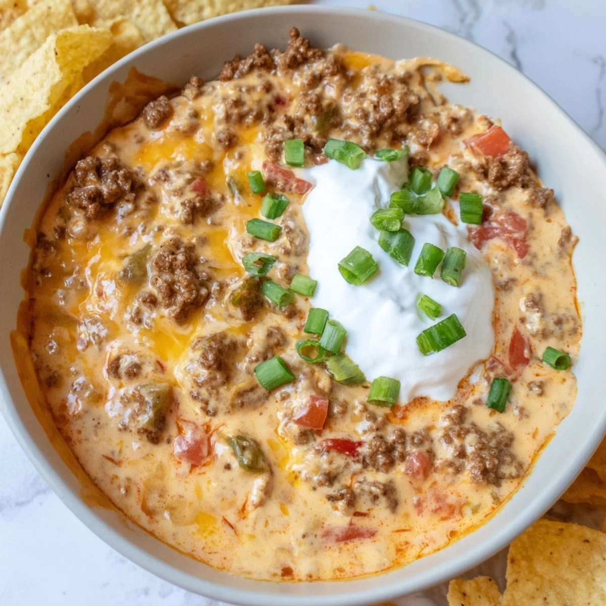 Steamy homemade Rotel dip with ground beef and sour cream garnished with fresh green onions
