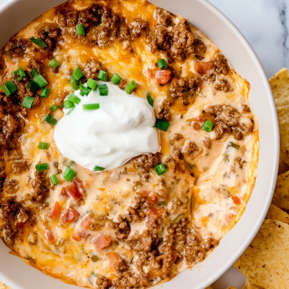 Creamy Rotel dip featuring spicy tomatoes and ground beef served with crispy tortilla chips