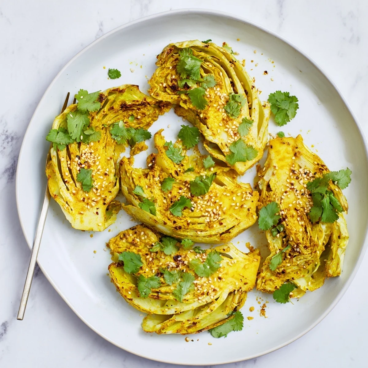 Golden roasted curry cabbage wedges with crispy edges and tender spiced centers
